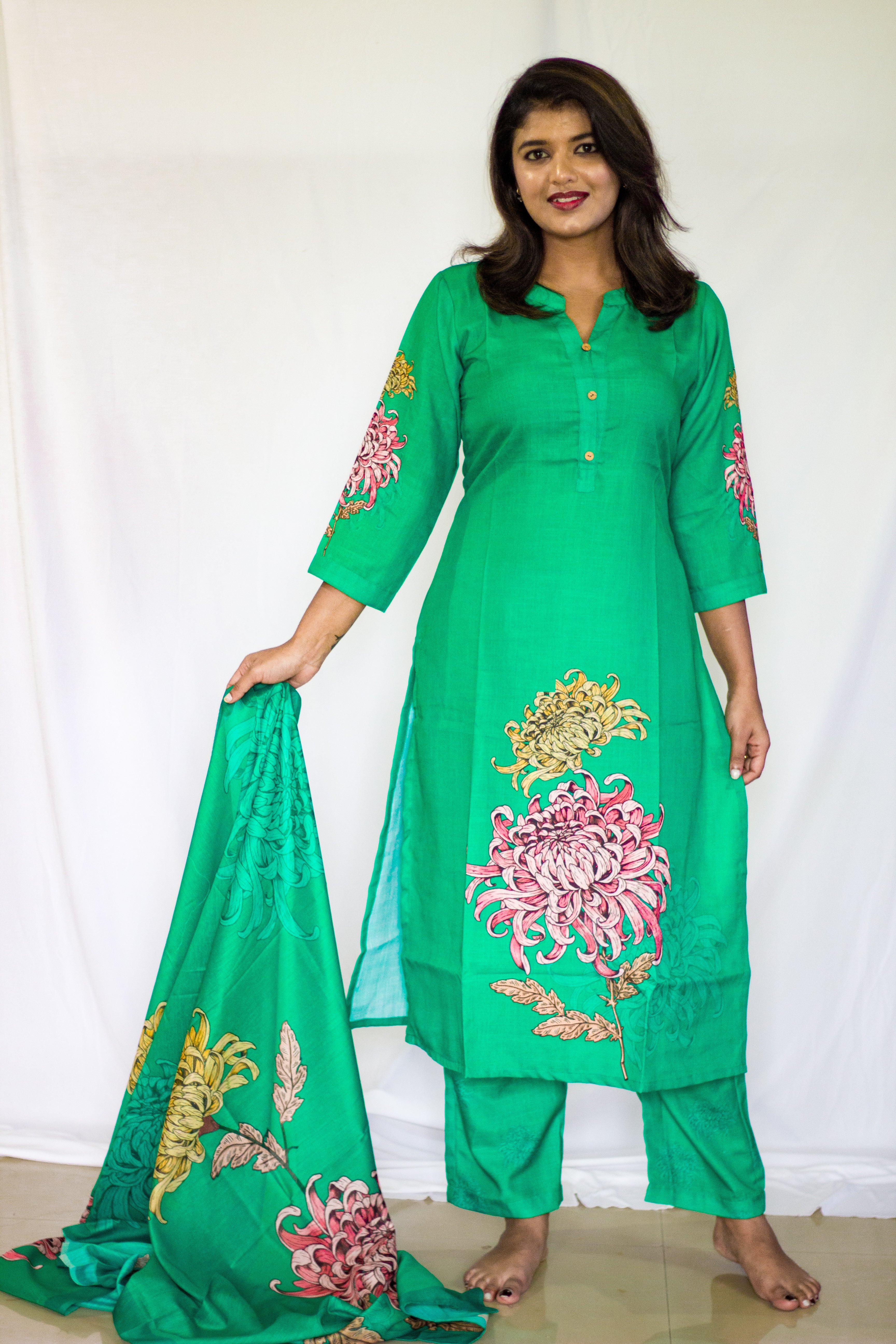 Green printed Linen Salwar 3 pcs sets