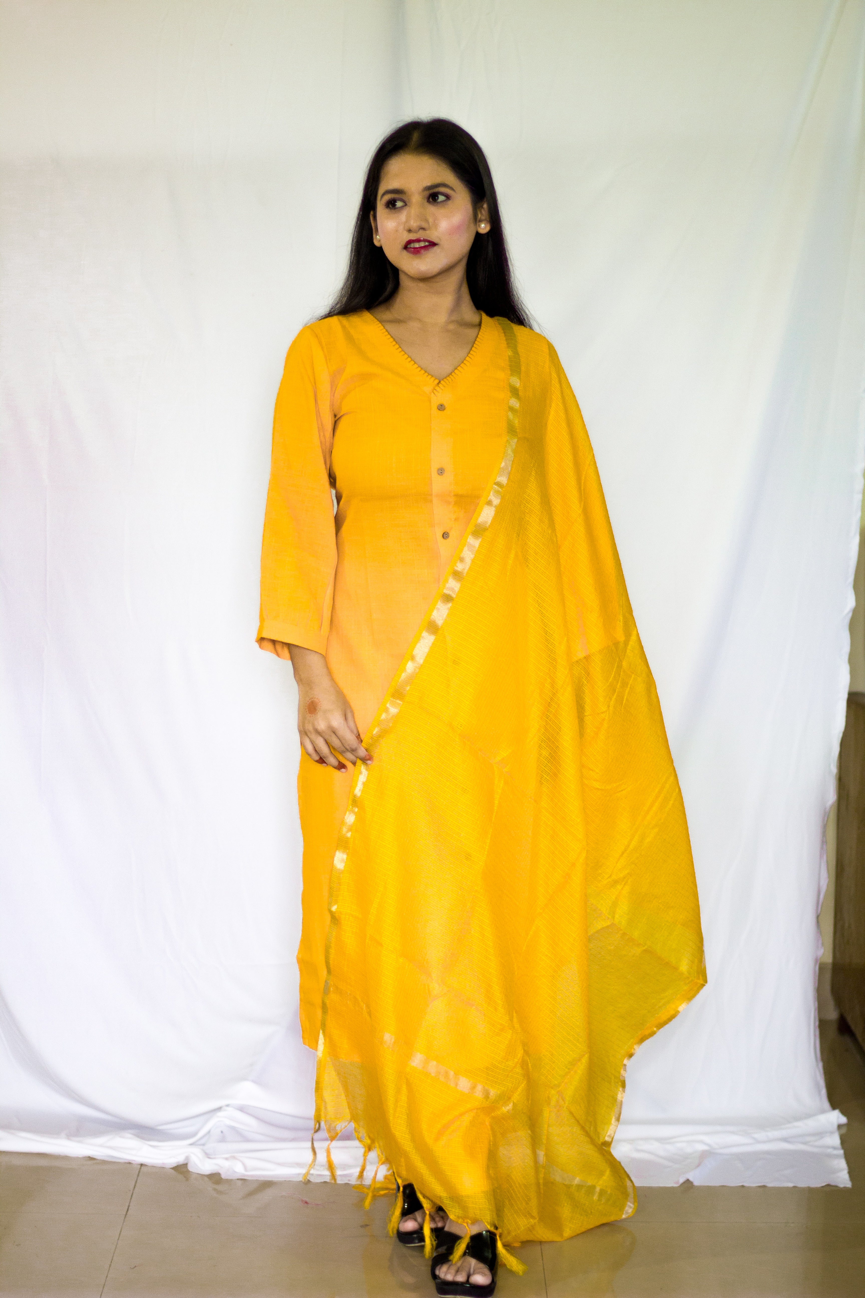 Yellow colored Linen Salwar 3 Pcs Set