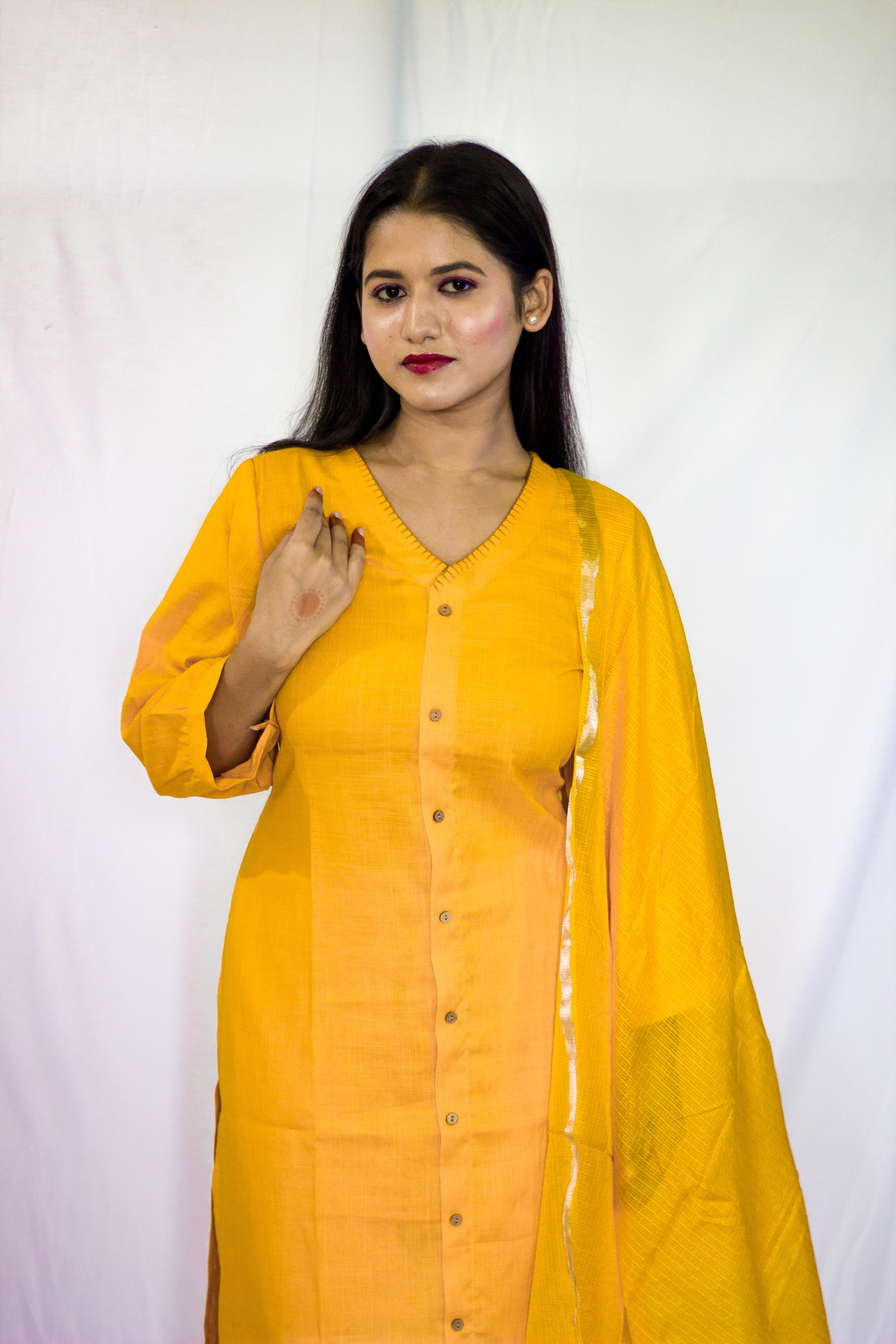 Yellow colored Linen Salwar 3 Pcs Set