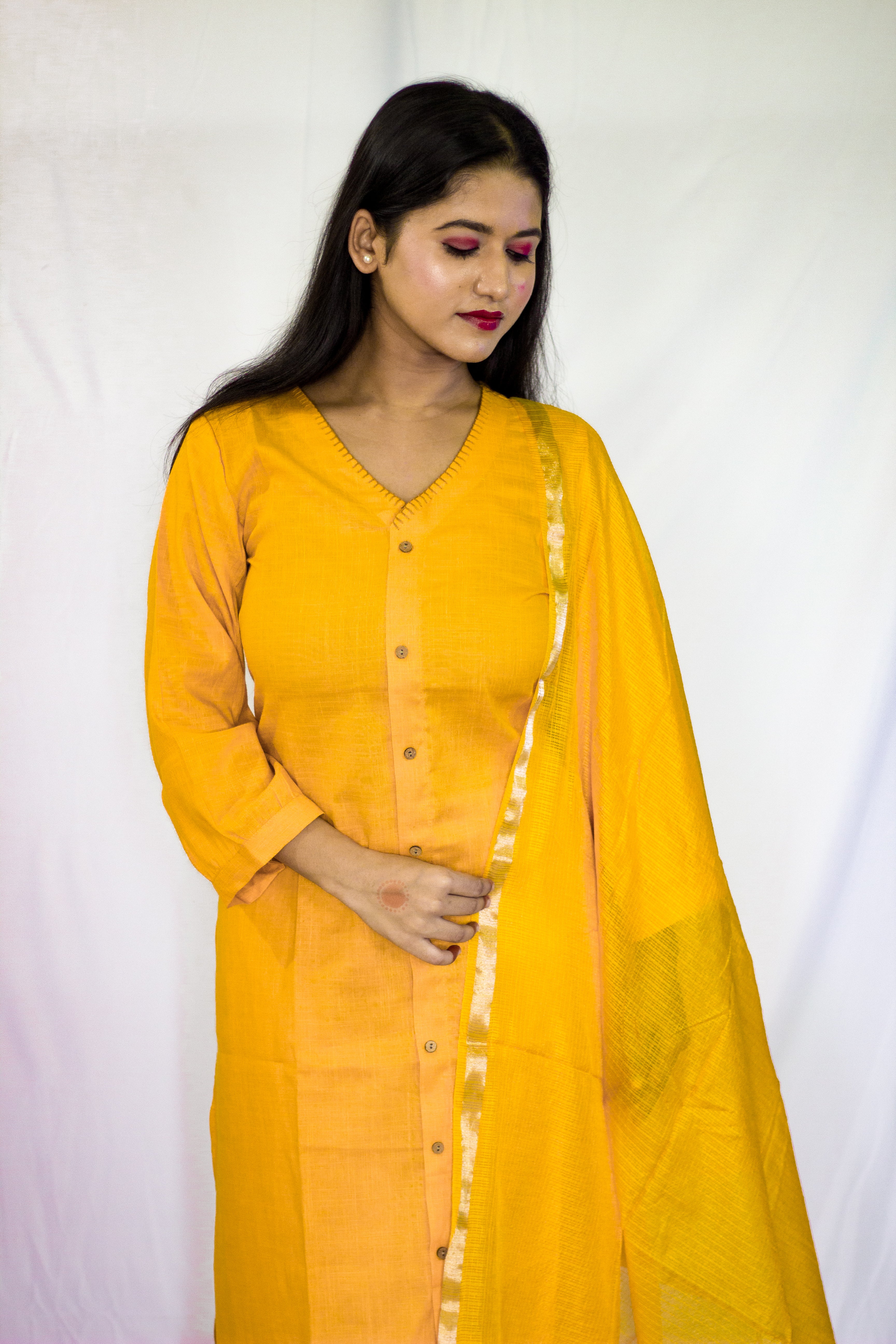 Yellow colored Linen Salwar 3 Pcs Set