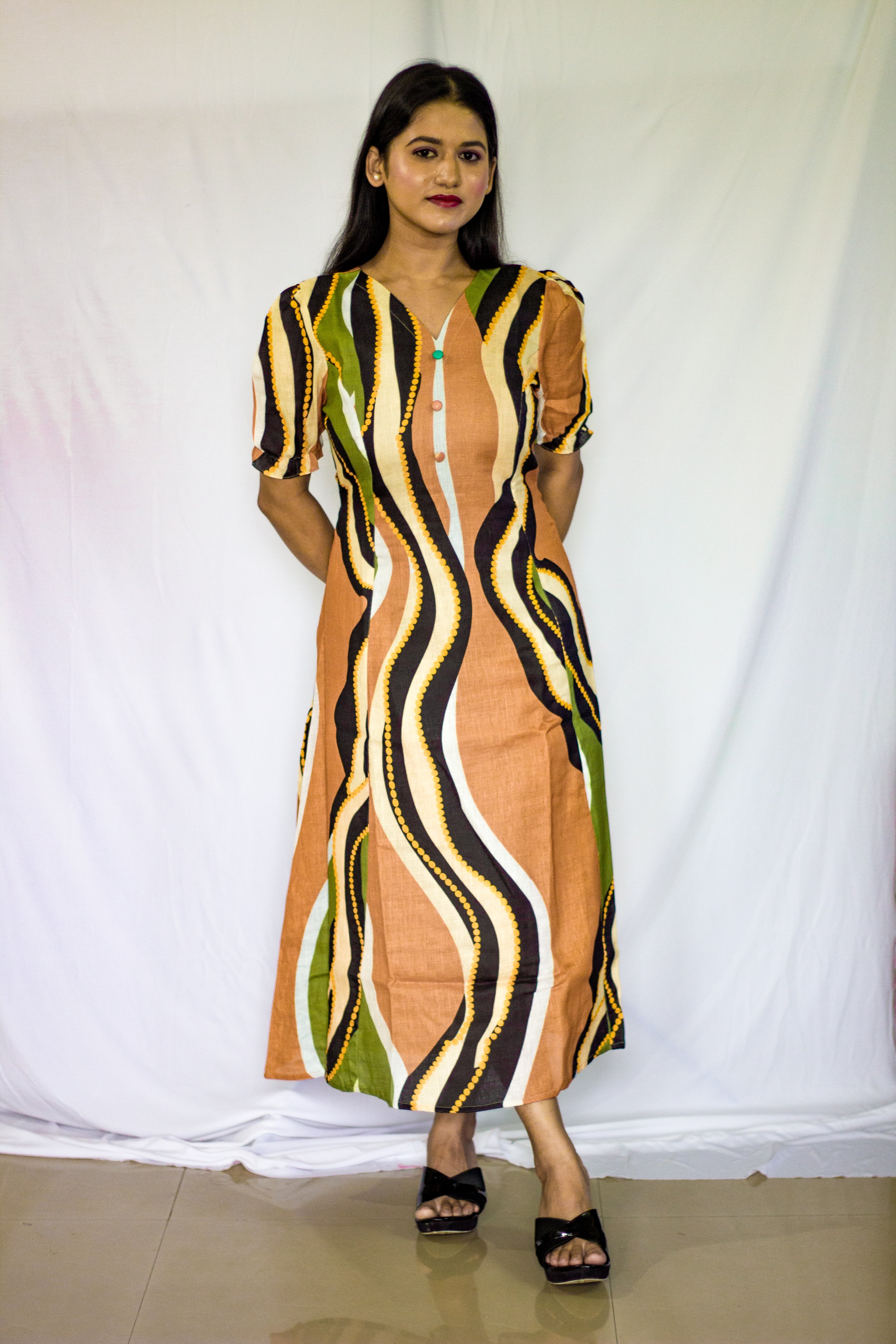 Geometric Pattern Linen A Line half sleeves Single Piece Dress